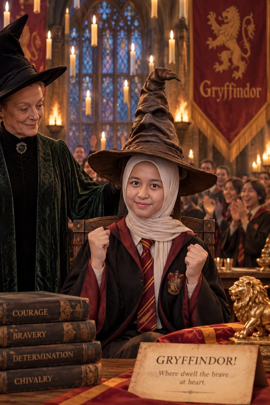 Suasana upacara Seleksi di Great Hall: seorang siswi berhijab putih memakai jubah Gryffindor saat Topi Seleksi diletakkan di kepalanya, didampingi Professor McGonagall.